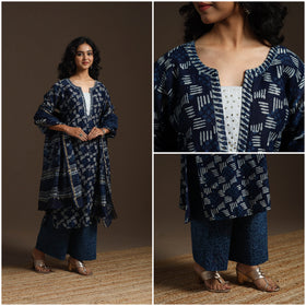 Blue - chanderi silk hand embroidery indigo bagru suit set