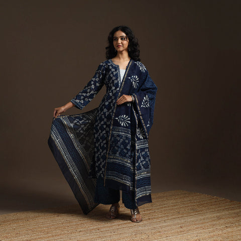 Blue - chanderi silk hand embroidery indigo bagru suit set