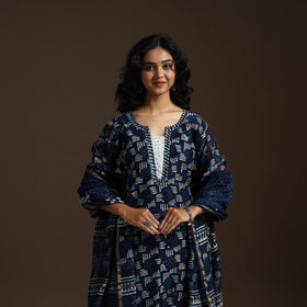 Blue - chanderi silk hand embroidery indigo bagru suit set