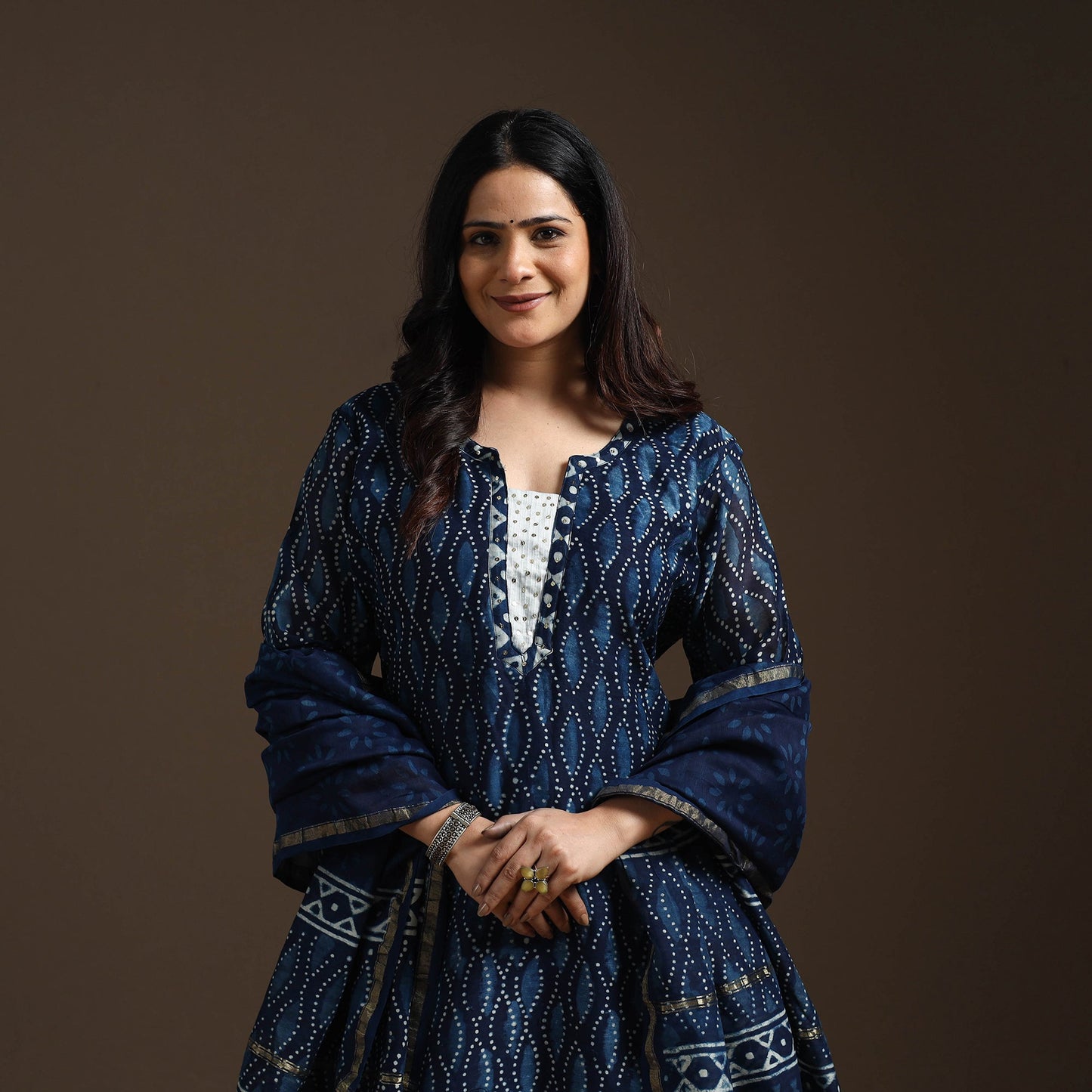 Blue - chanderi silk hand embroidery indigo bagru suit set