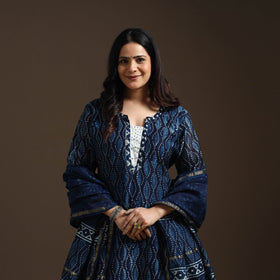 Blue - chanderi silk hand embroidery indigo bagru suit set