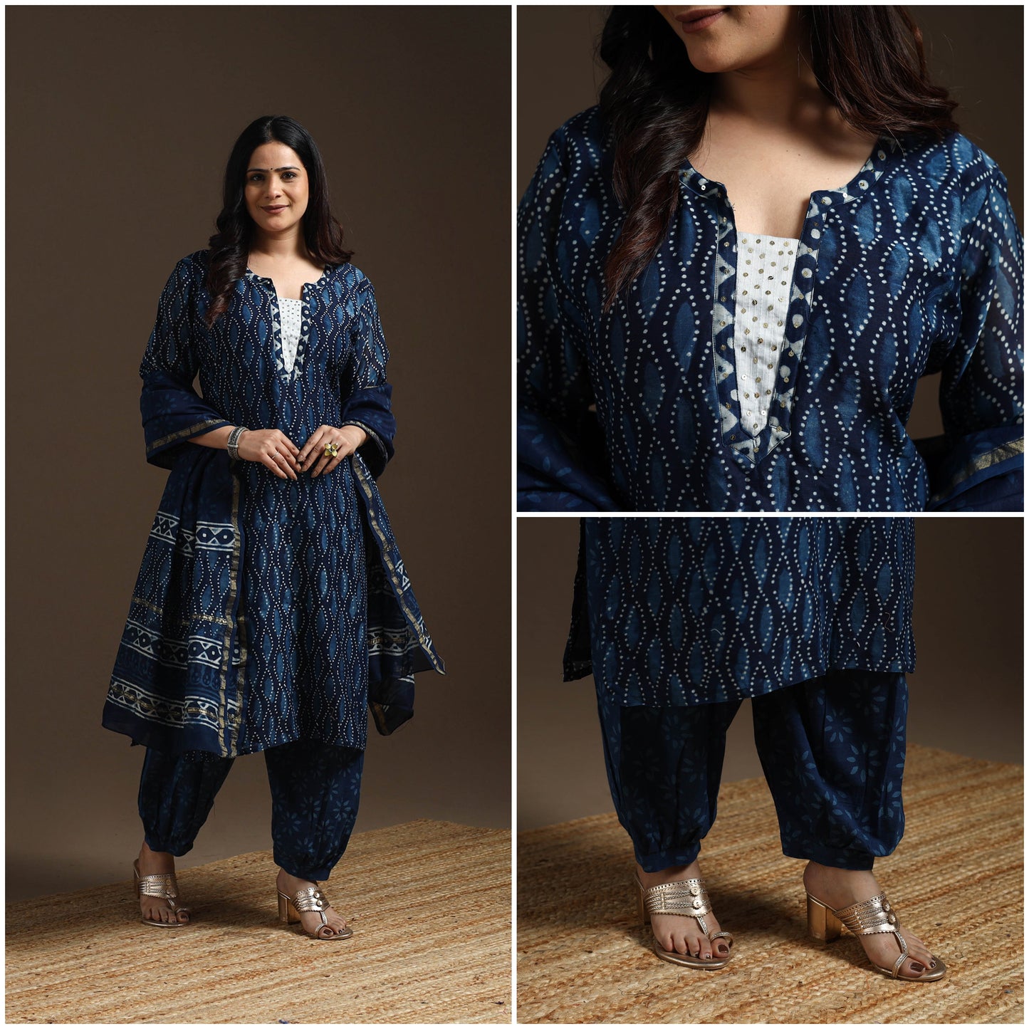 Blue - chanderi silk hand embroidery indigo bagru suit set