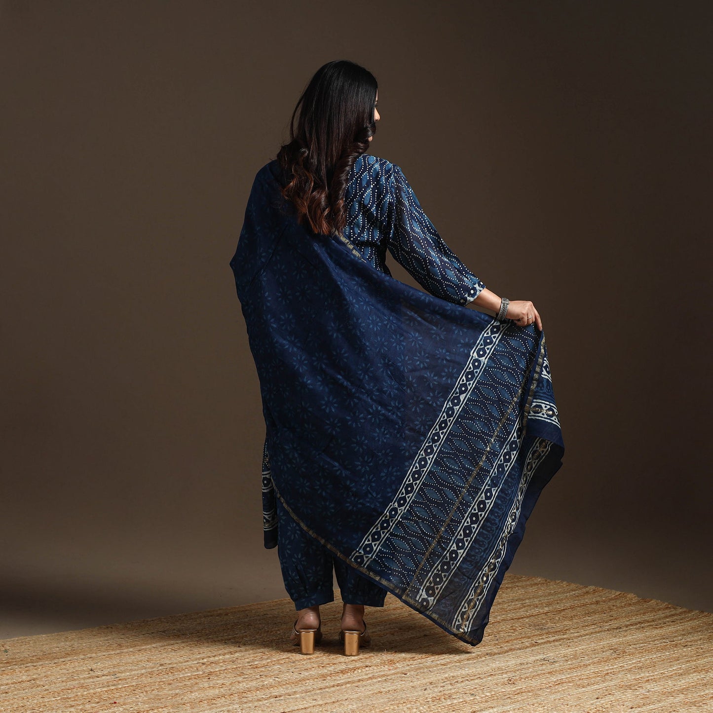 Blue - chanderi silk hand embroidery indigo bagru suit set