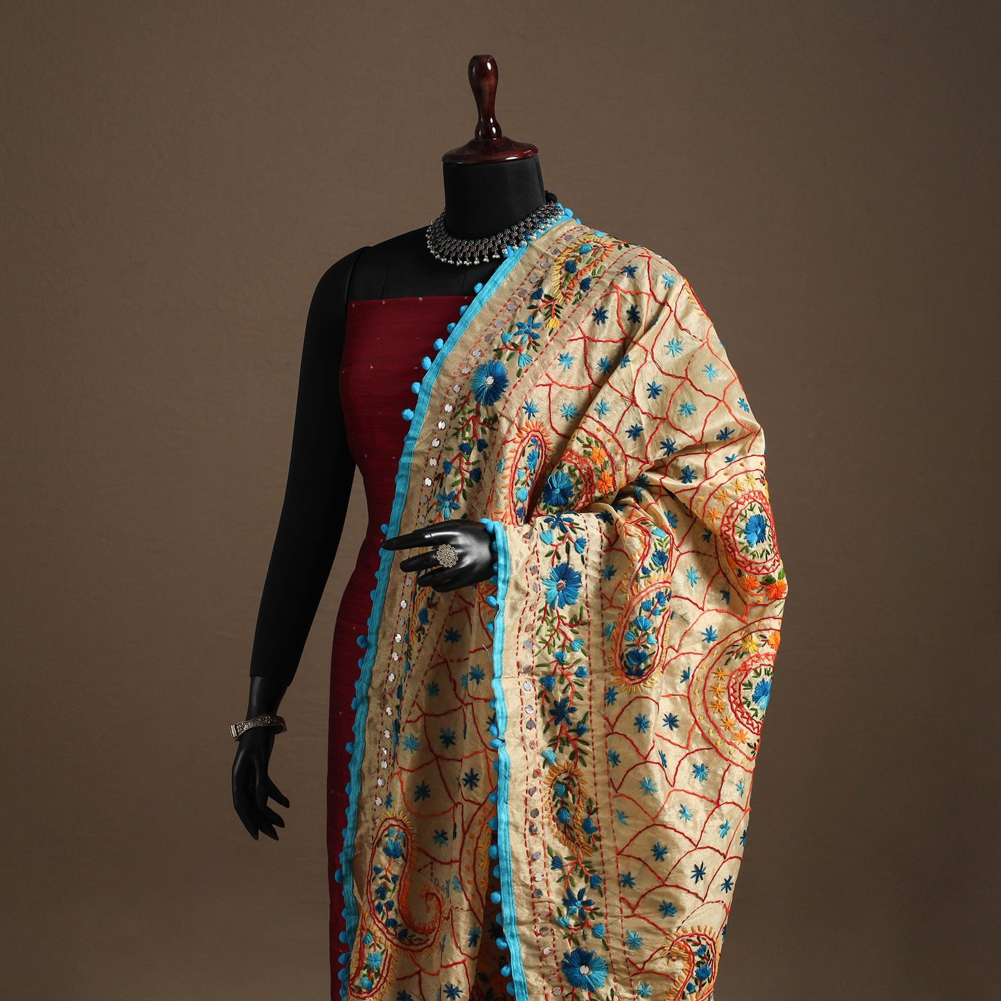 Blue - chanderi silk hand embroidery phulkari dupatta 15