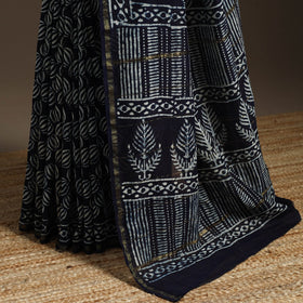 Chanderi silk hand indigo bagru saree with zari border 11