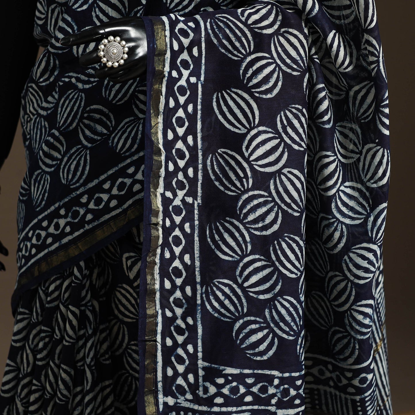 Chanderi silk hand indigo bagru saree with zari border 11