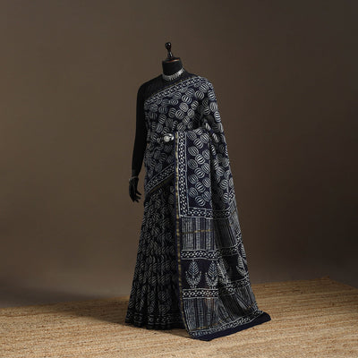 Chanderi silk hand indigo bagru saree with zari border 11