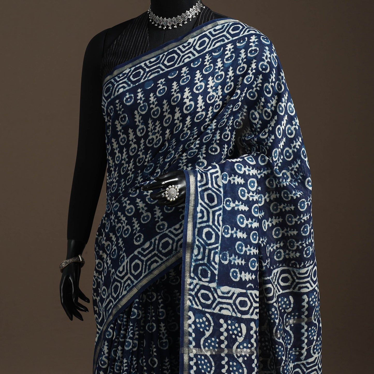 Chanderi silk hand indigo bagru saree with zari border 14