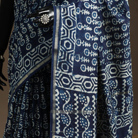 Chanderi silk hand indigo bagru saree with zari border 14