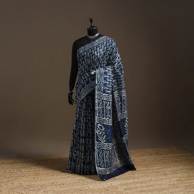 Chanderi silk hand indigo bagru saree with zari border 14