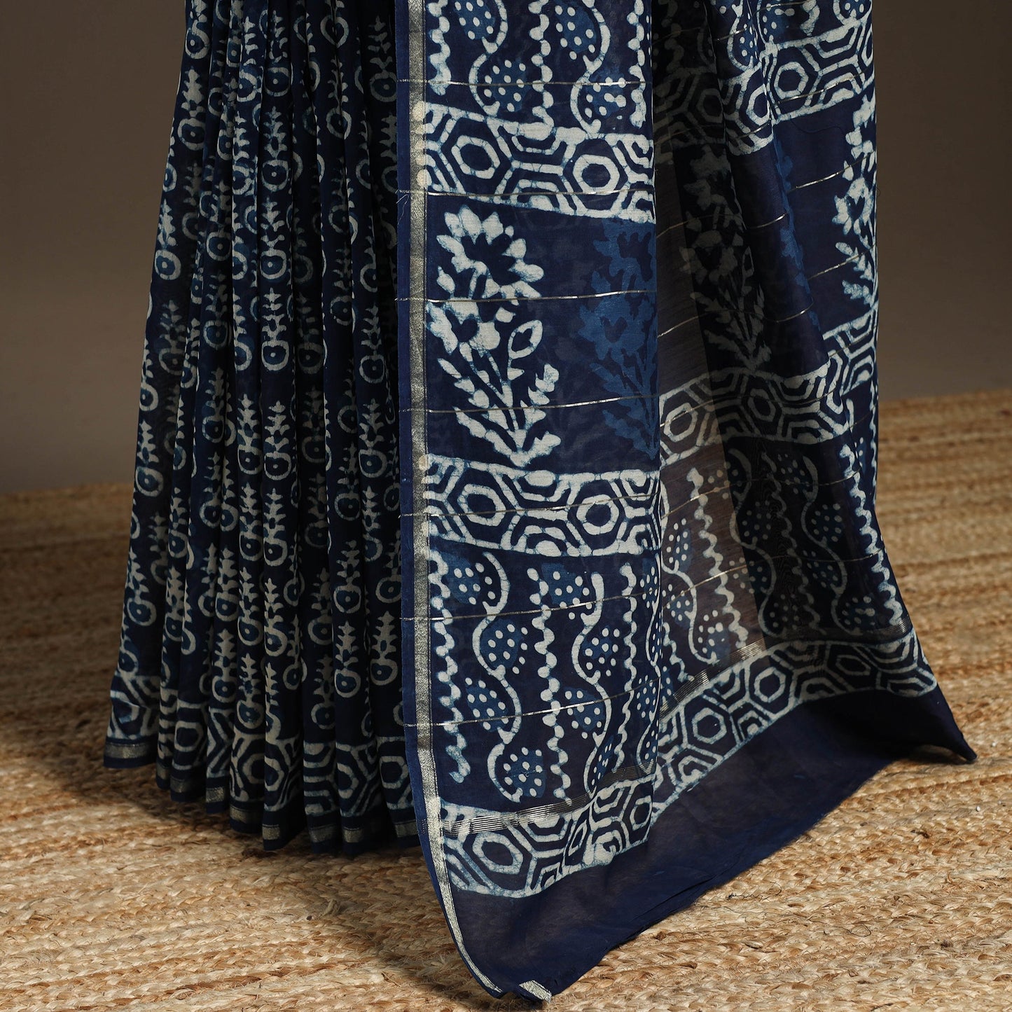 Chanderi silk hand indigo bagru saree with zari border 14