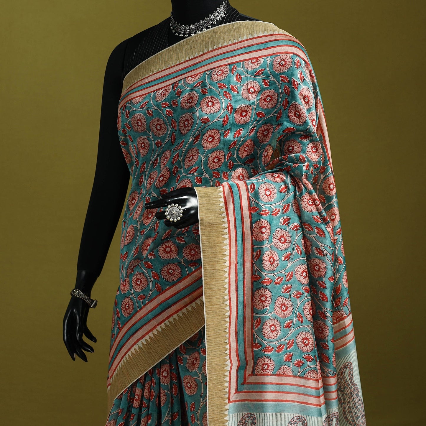 Chanderi silk hand sanganeri saree with ghicha border 20