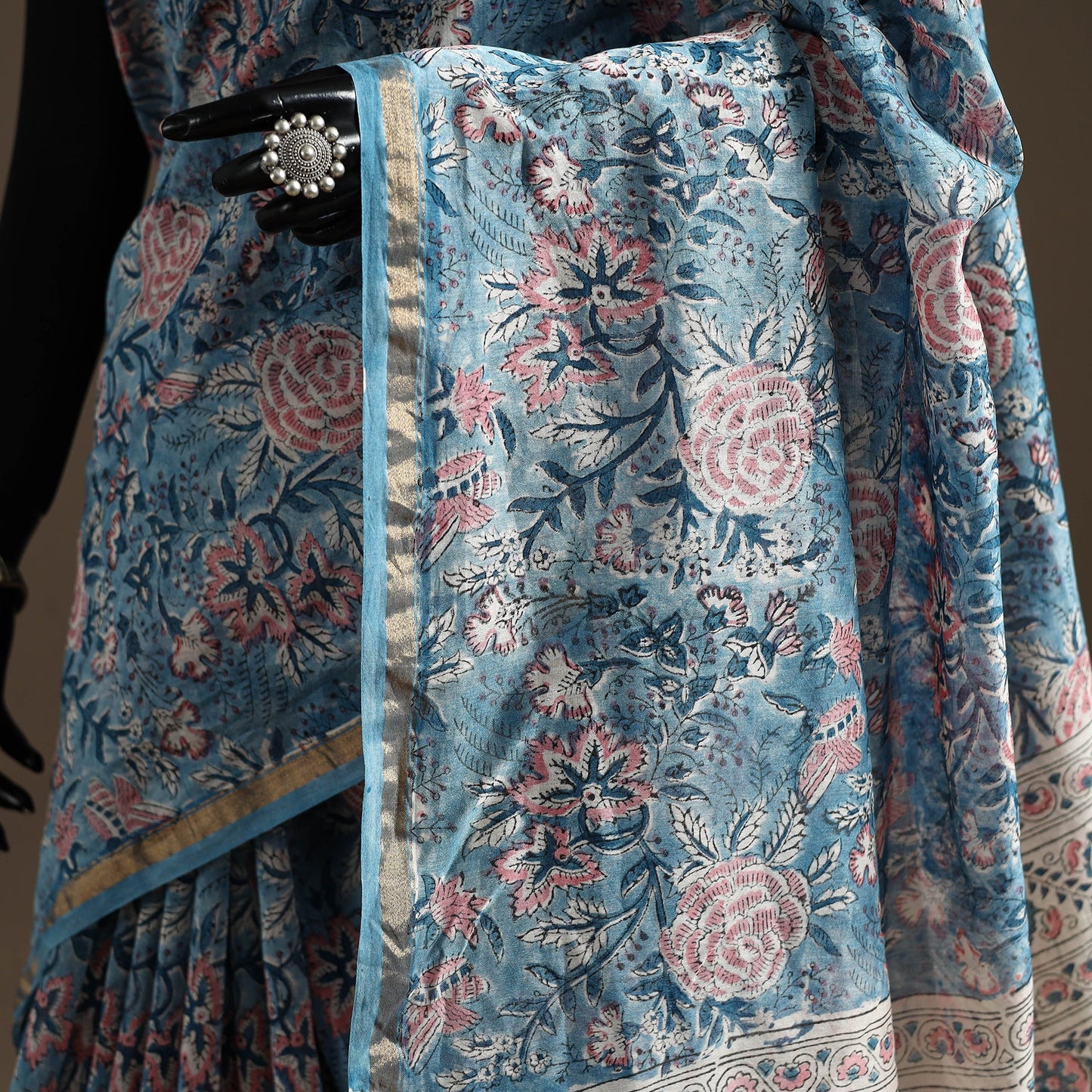 Chanderi silk hand sanganeri saree with zari border 02