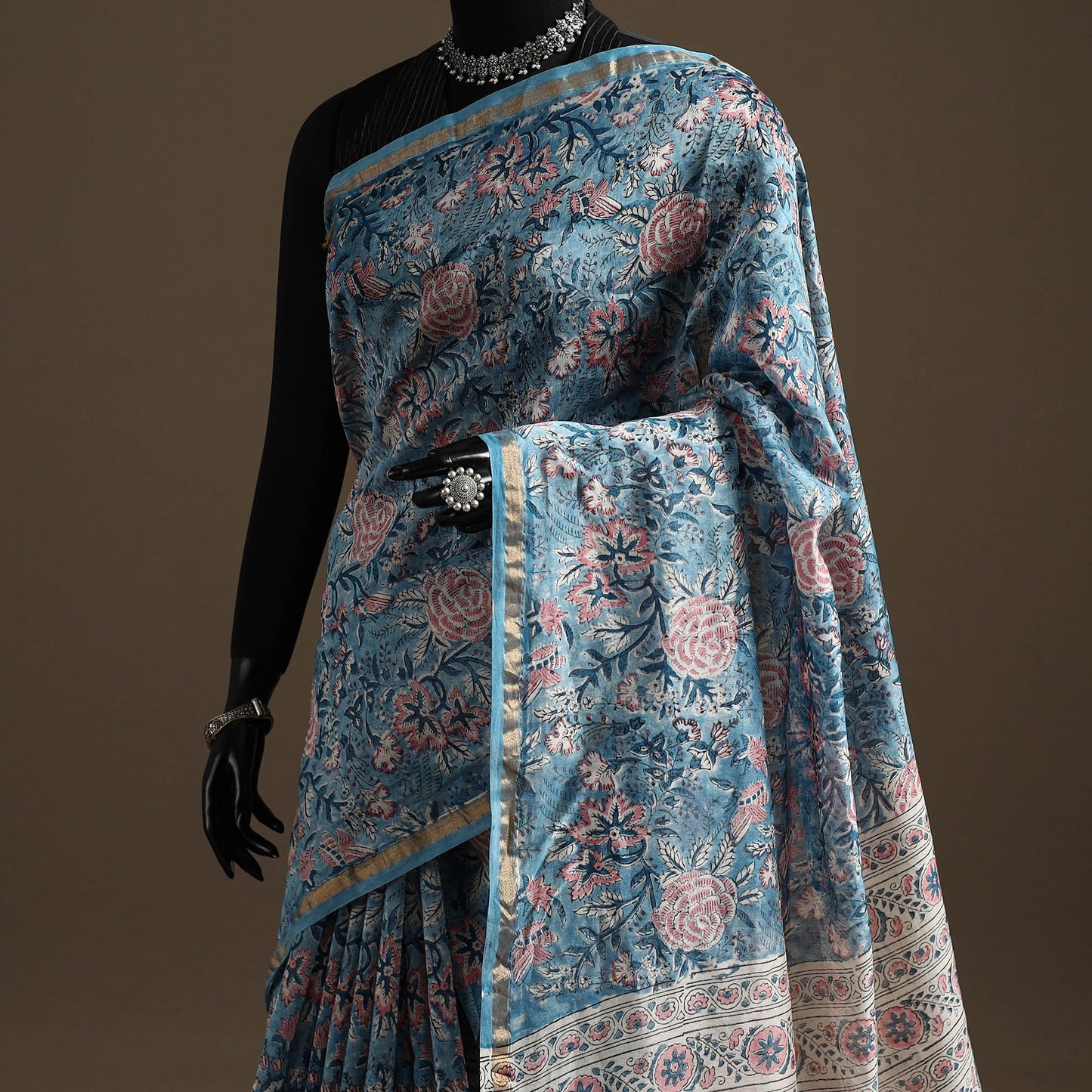 Chanderi silk hand sanganeri saree with zari border 02