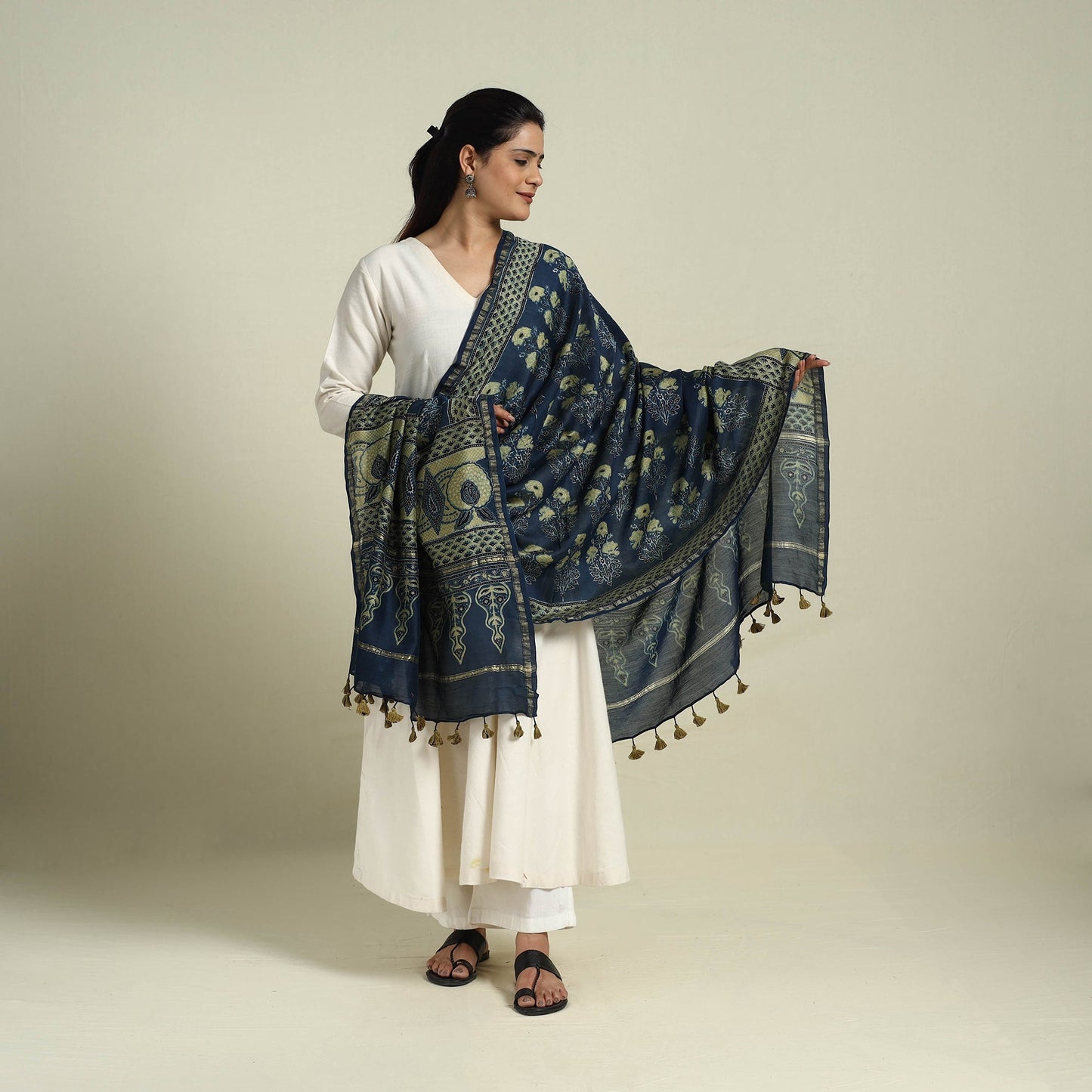 Block Print Chanderi Silk Handloom Ajrakh Dupatta
