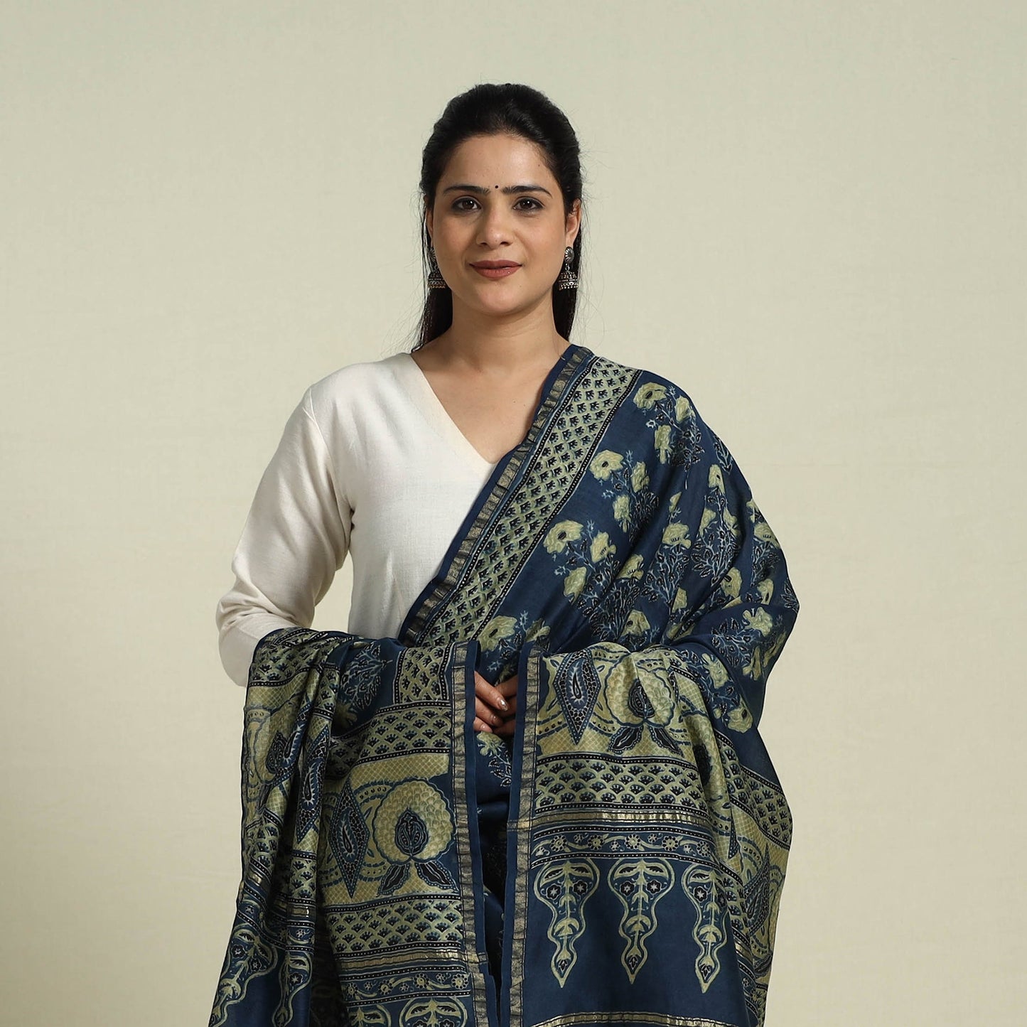 Block Print Chanderi Silk Handloom Ajrakh Dupatta