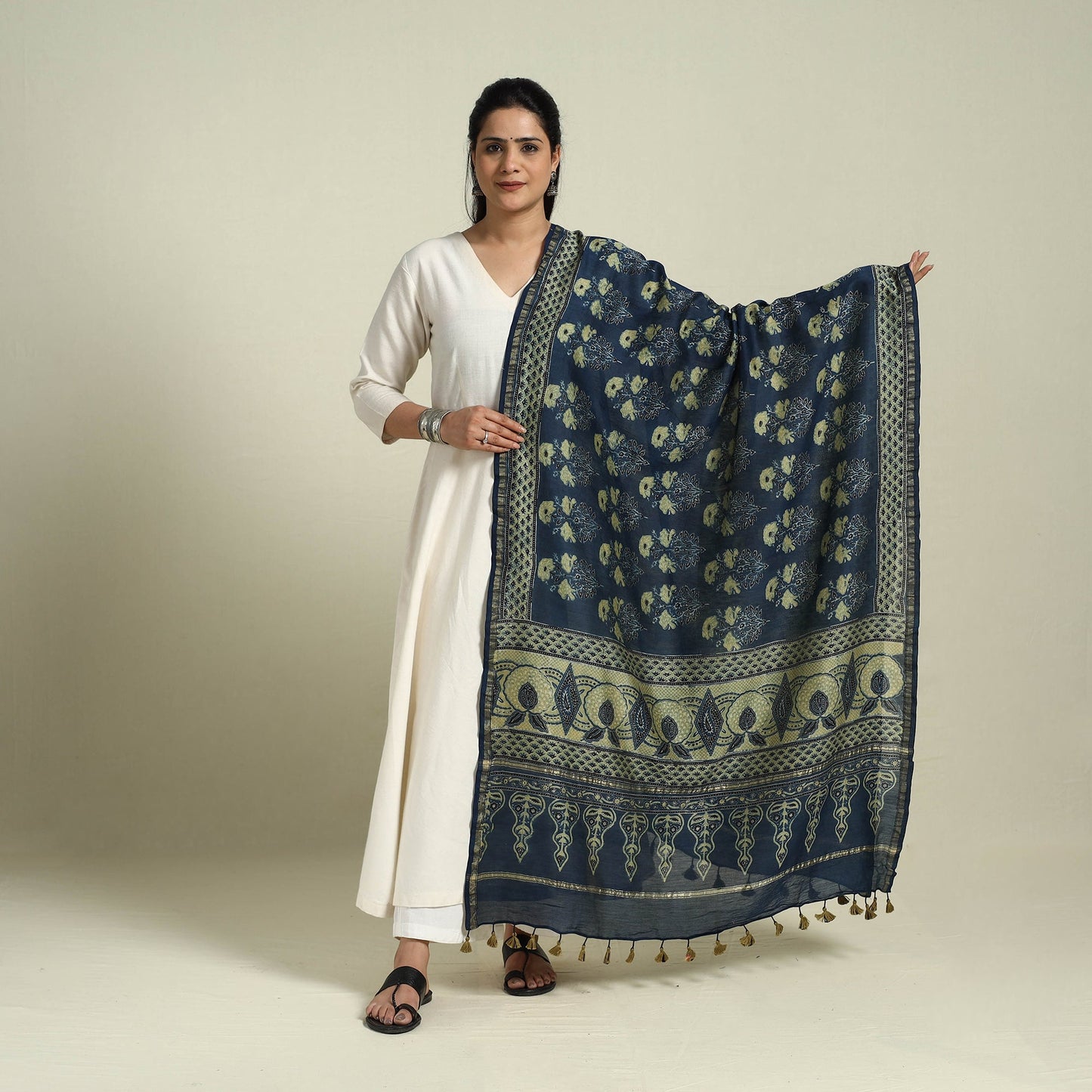Block Print Chanderi Silk Handloom Ajrakh Dupatta
