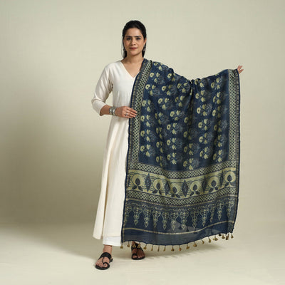 Block Print Chanderi Silk Handloom Ajrakh Dupatta