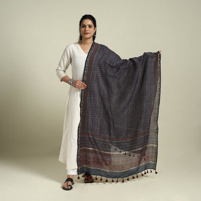 Block Print Chanderi Silk Handloom Ajrakh Dupatta