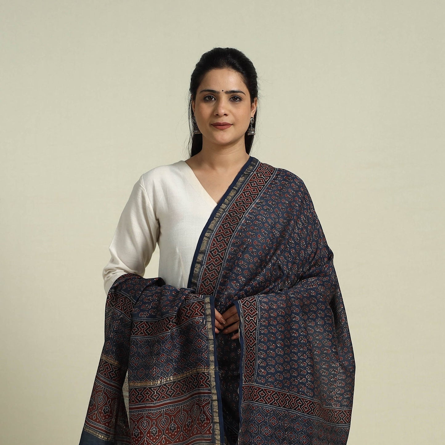 Block Print Chanderi Silk Handloom Ajrakh Dupatta