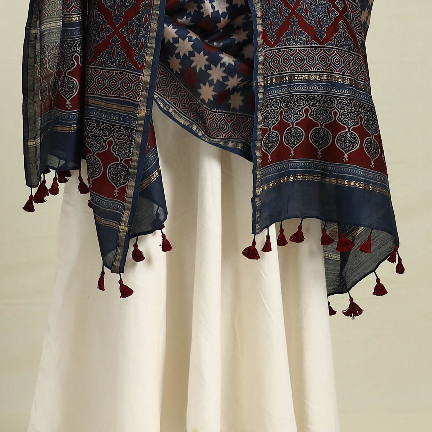 Buy Blue Block Print Chanderi Silk Handloom Ajrakh Dupatta