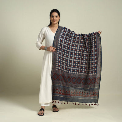 Buy Blue Block Print Chanderi Silk Handloom Ajrakh Dupatta