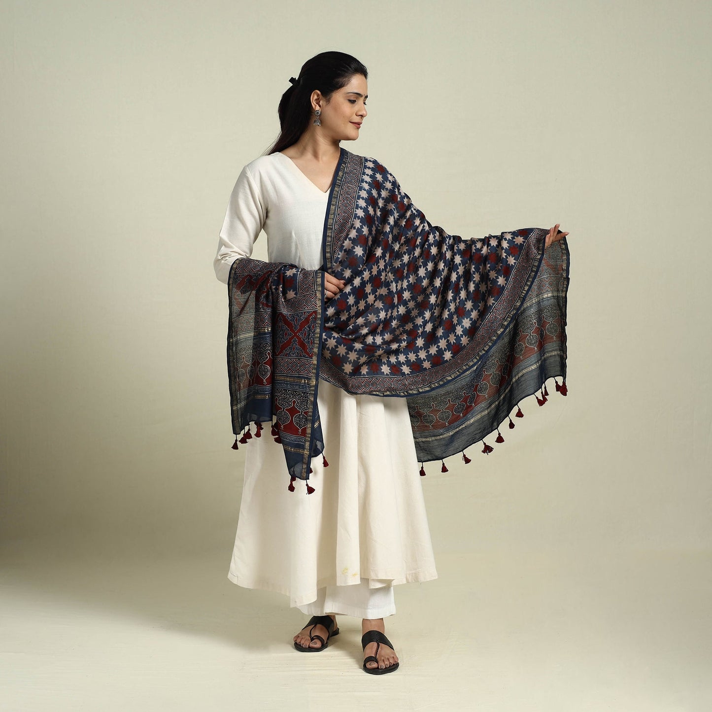 Buy Blue Block Print Chanderi Silk Handloom Ajrakh Dupatta