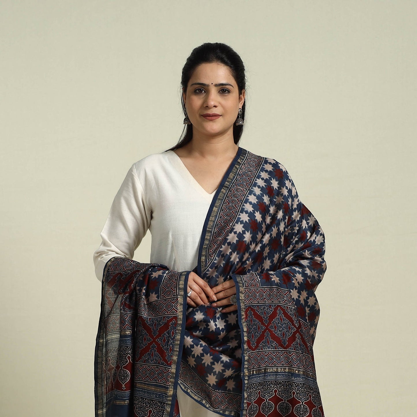 Buy Blue Block Print Chanderi Silk Handloom Ajrakh Dupatta