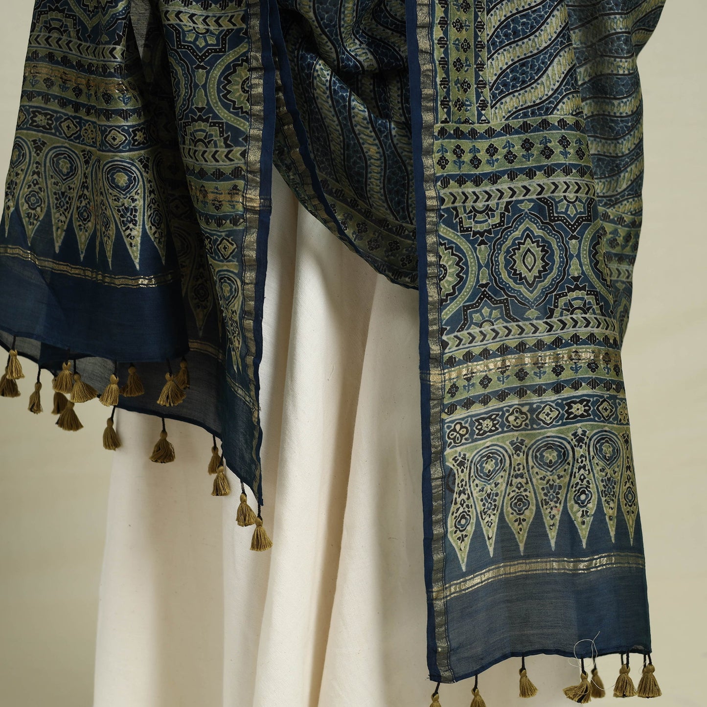 Buy Blue Block Print Chanderi Silk Handloom Ajrakh Dupatta