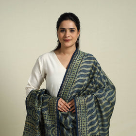Buy Blue Block Print Chanderi Silk Handloom Ajrakh Dupatta
