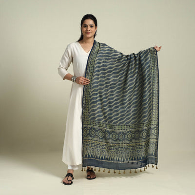 Buy Blue Block Print Chanderi Silk Handloom Ajrakh Dupatta