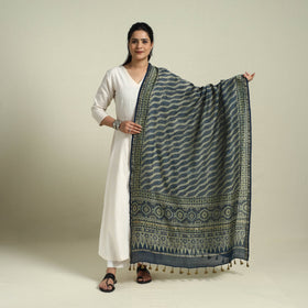 Buy Blue Block Print Chanderi Silk Handloom Ajrakh Dupatta
