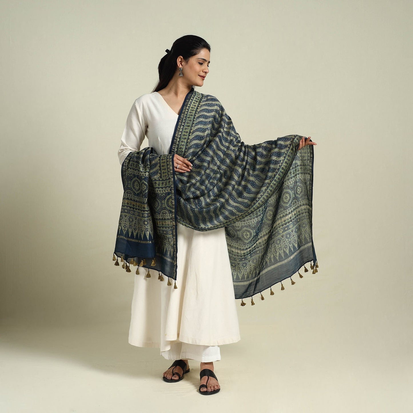 Buy Blue Block Print Chanderi Silk Handloom Ajrakh Dupatta