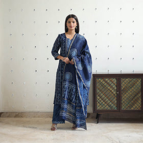  Blue Chanderi Silk Indigo Bagru Block Print Kurta Set