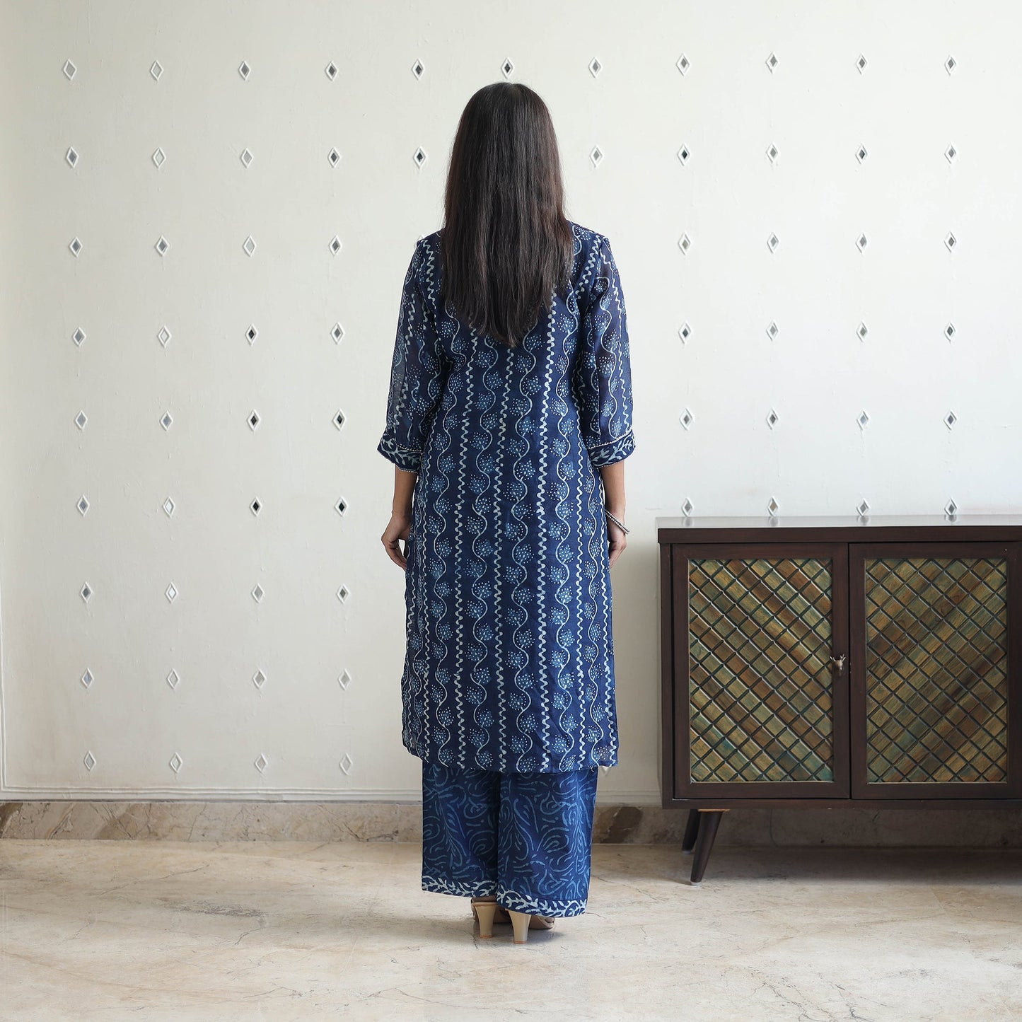  Blue Chanderi Silk Indigo Bagru Block Print Kurta Set