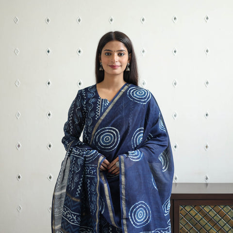 Blue Chanderi Silk Indigo Bagru Block Print Kurta Set