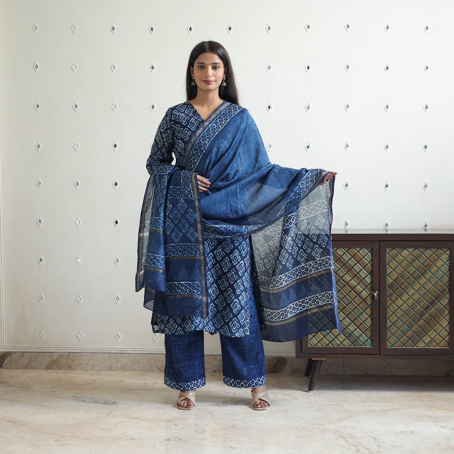 Buy Blue Chanderi Silk Indigo Bagru Block Print Kurta Set