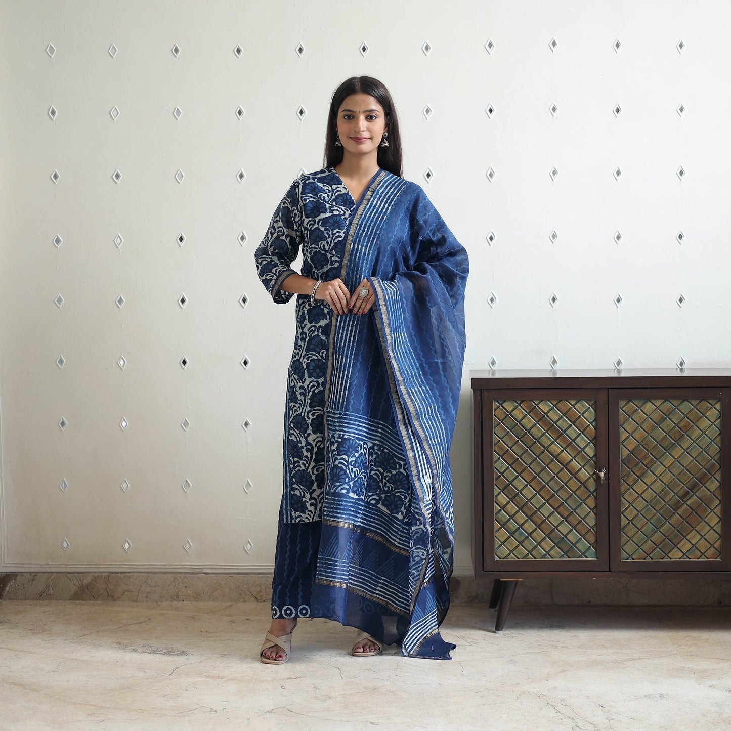 Buy Blue Chanderi Silk Indigo Bagru Block Print Kurta Set