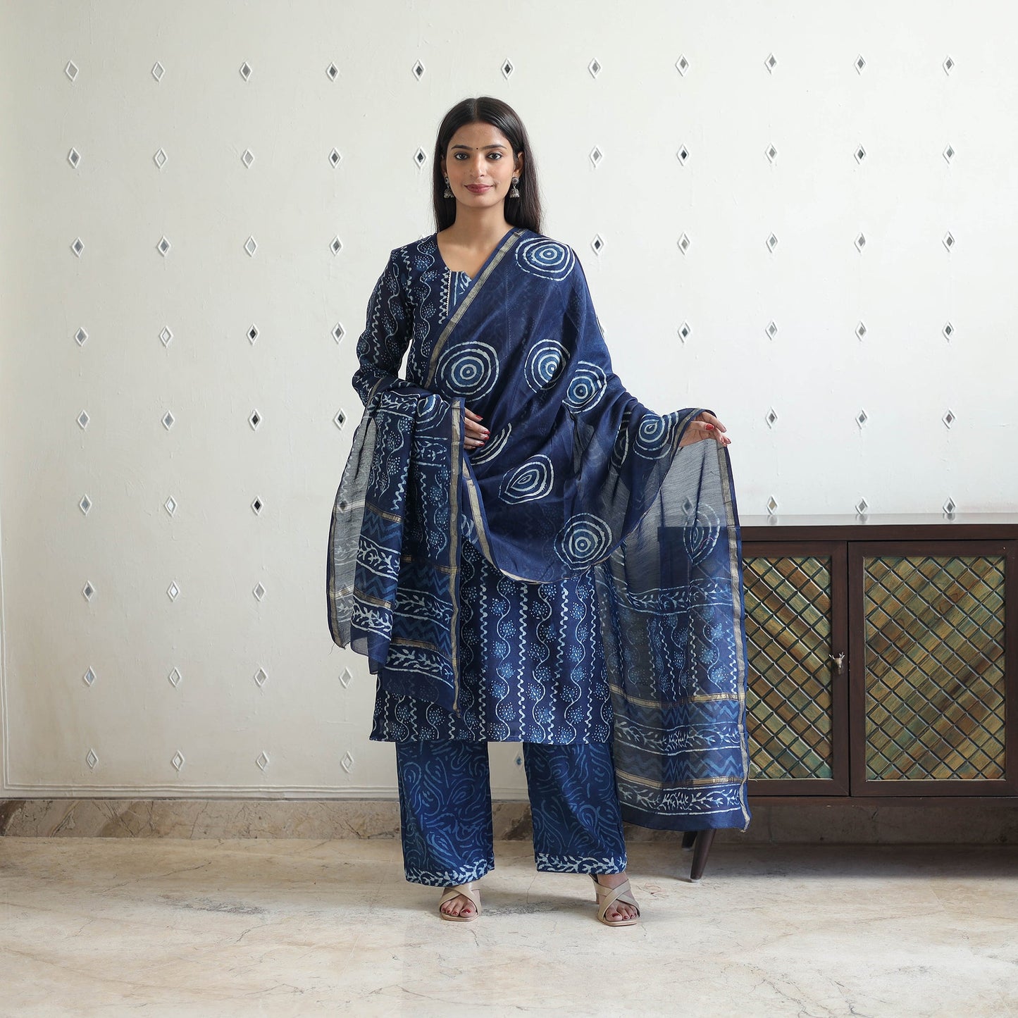  Blue Chanderi Silk Indigo Bagru Block Print Kurta Set