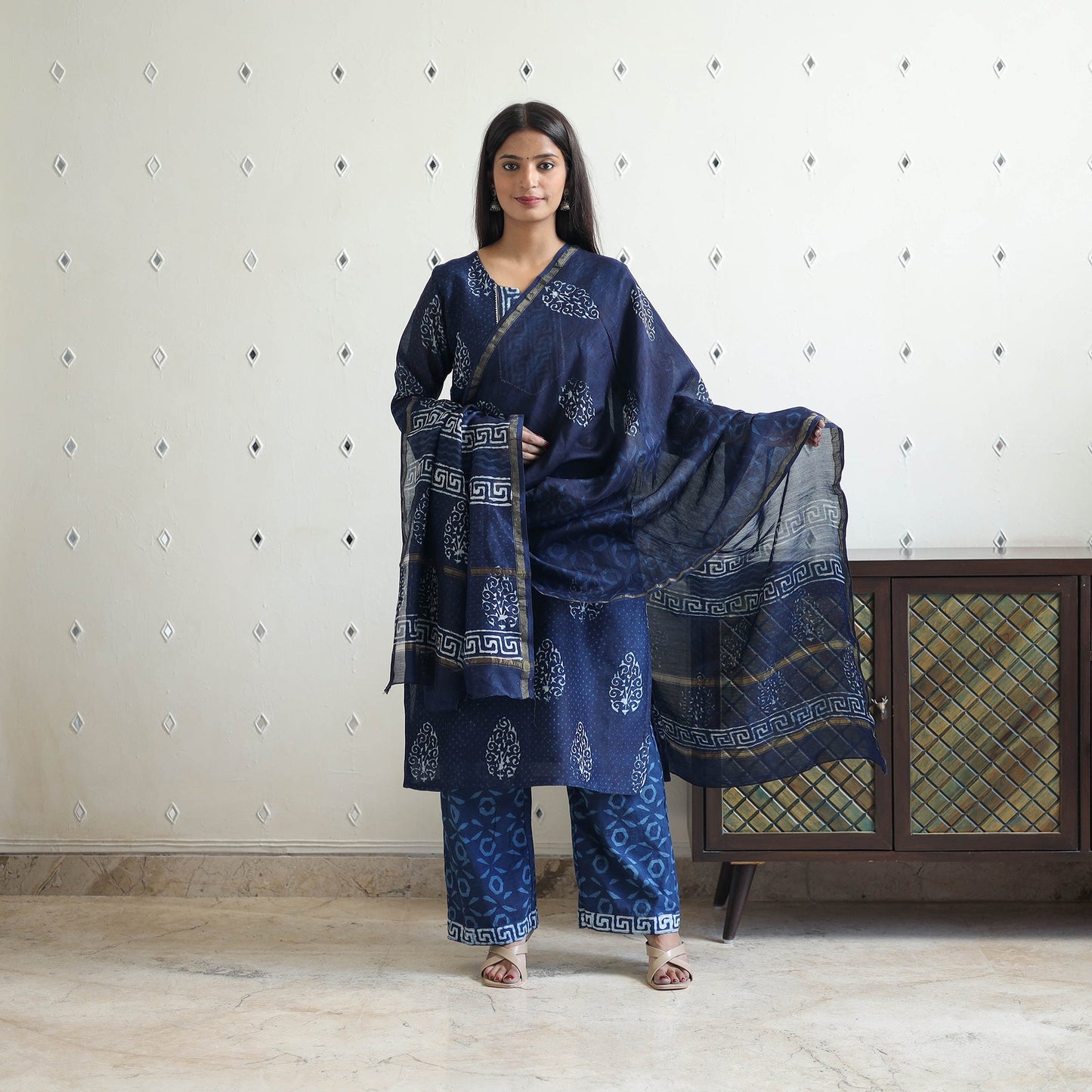  Blue Chanderi Silk Indigo Bagru Block Print Kurta Set