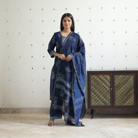 Blue Chanderi Silk Indigo Bagru Block Print Kurta Set