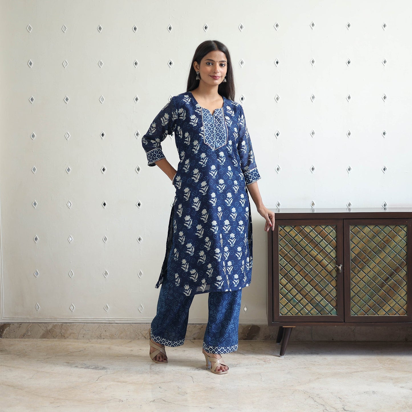 Buy Blue Chanderi Silk Indigo Bagru Block Print Kurta Set