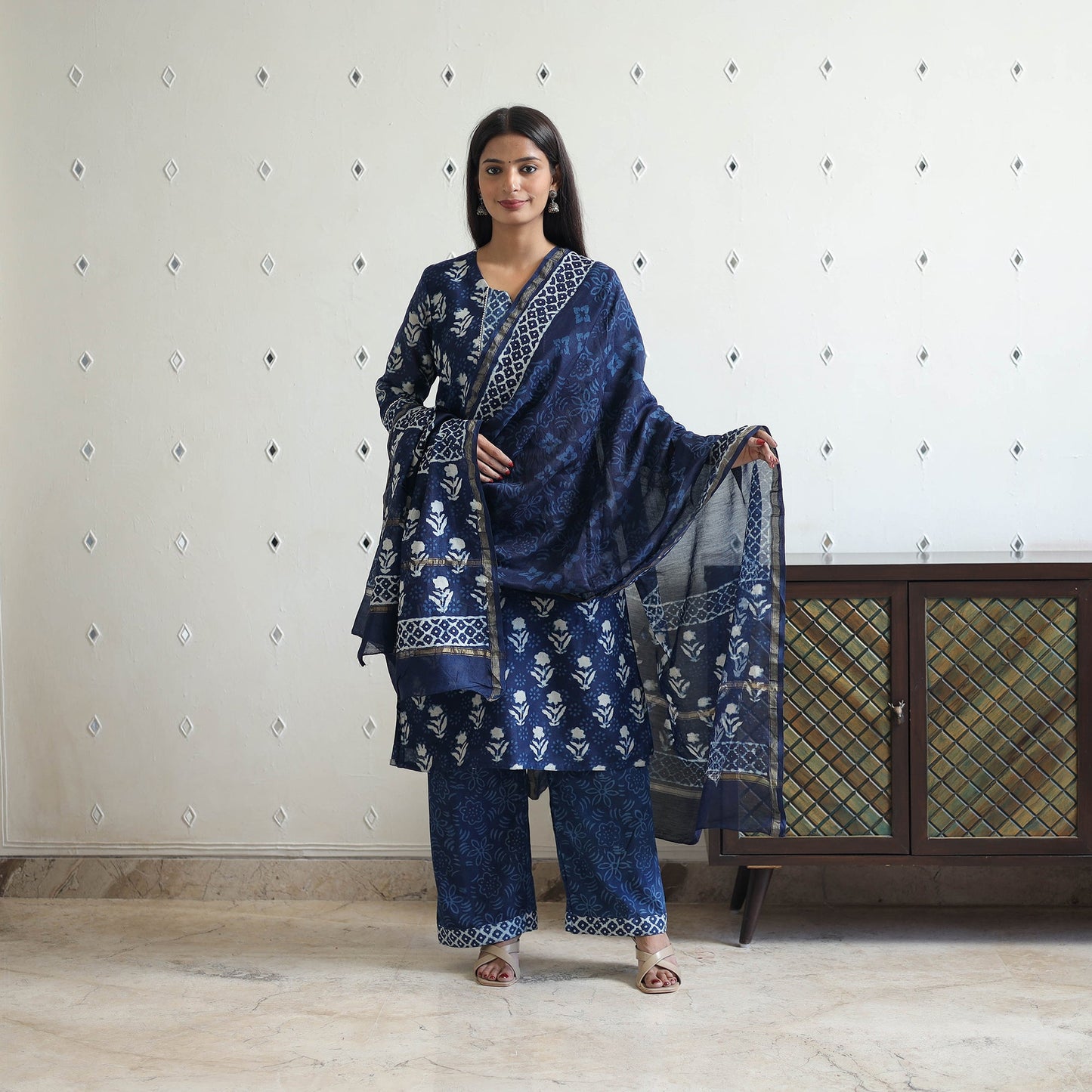 Buy Blue Chanderi Silk Indigo Bagru Block Print Kurta Set
