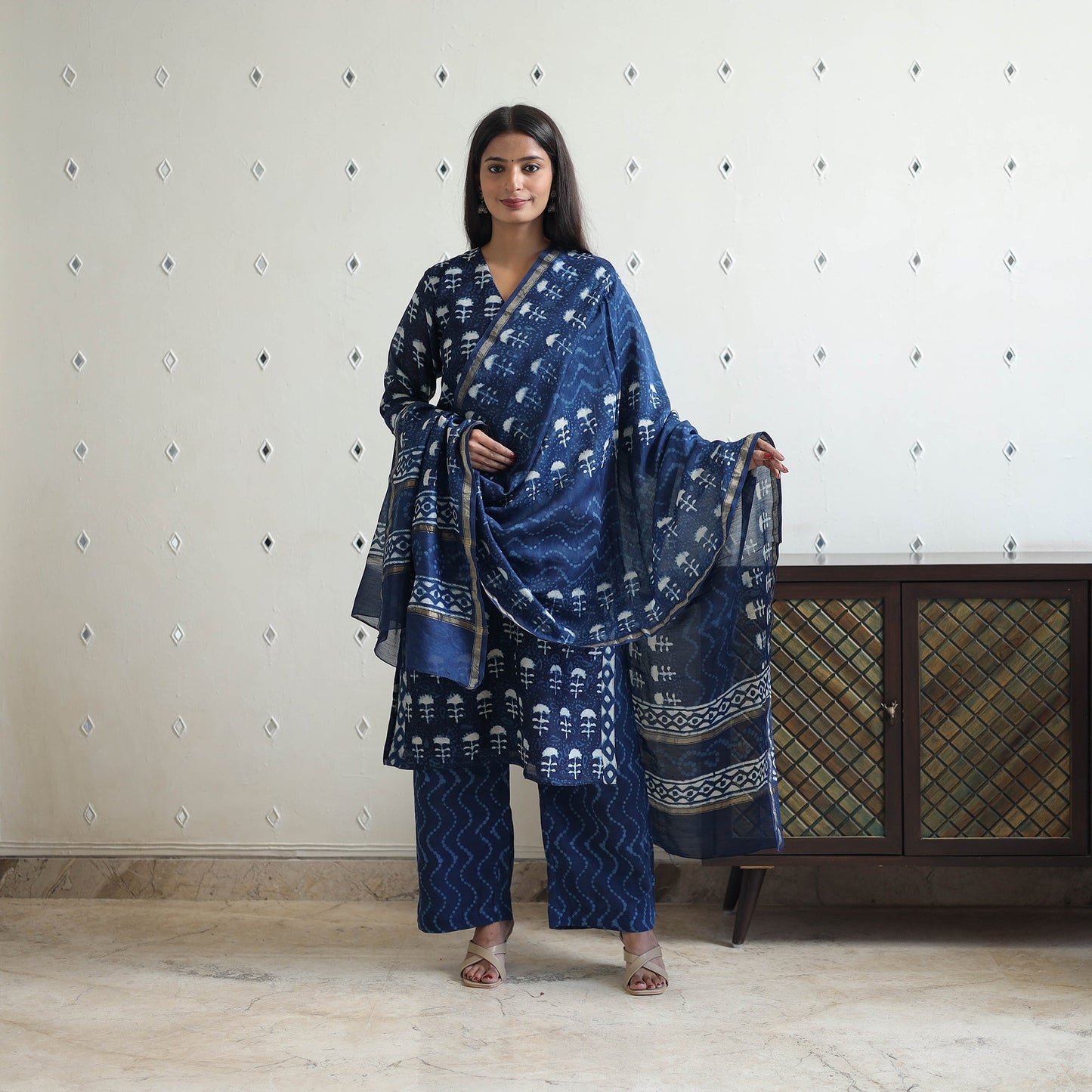 Buy Blue Chanderi Silk Indigo Bagru Block Print Kurta Set