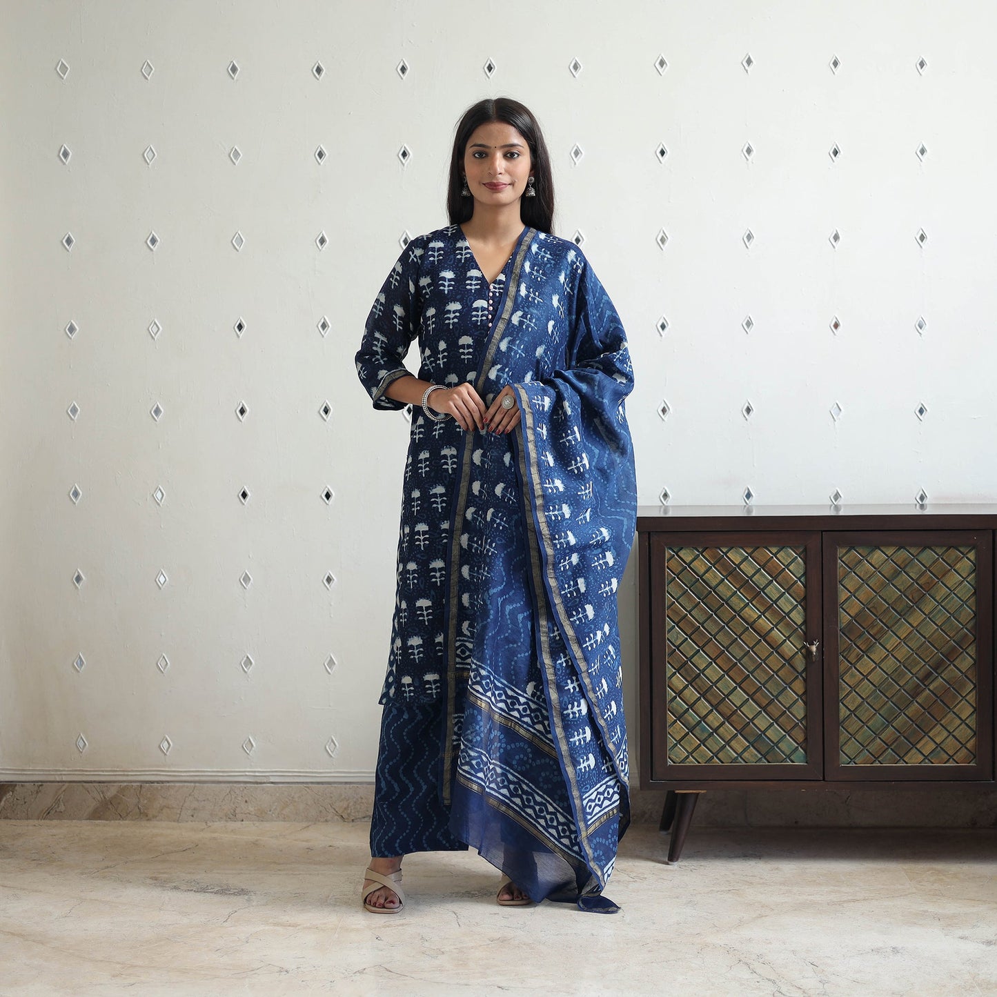 Buy Blue Chanderi Silk Indigo Bagru Block Print Kurta Set