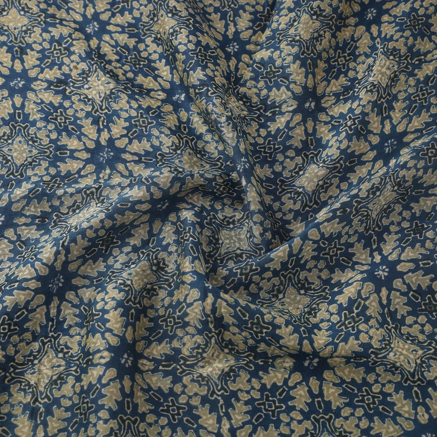 Blue Block Print Chanderi Silk Natural Dyed Ajrakh Fabric