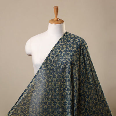 Blue Block Print Chanderi Silk Natural Dyed Ajrakh Fabric