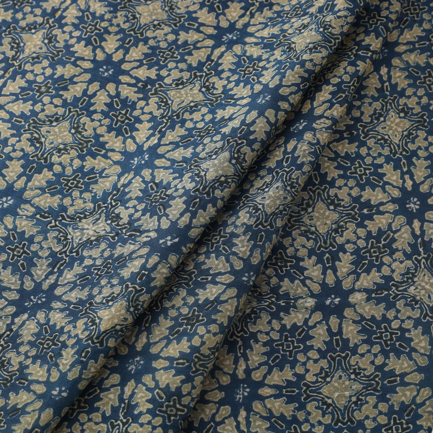 Blue Block Print Chanderi Silk Natural Dyed Ajrakh Fabric