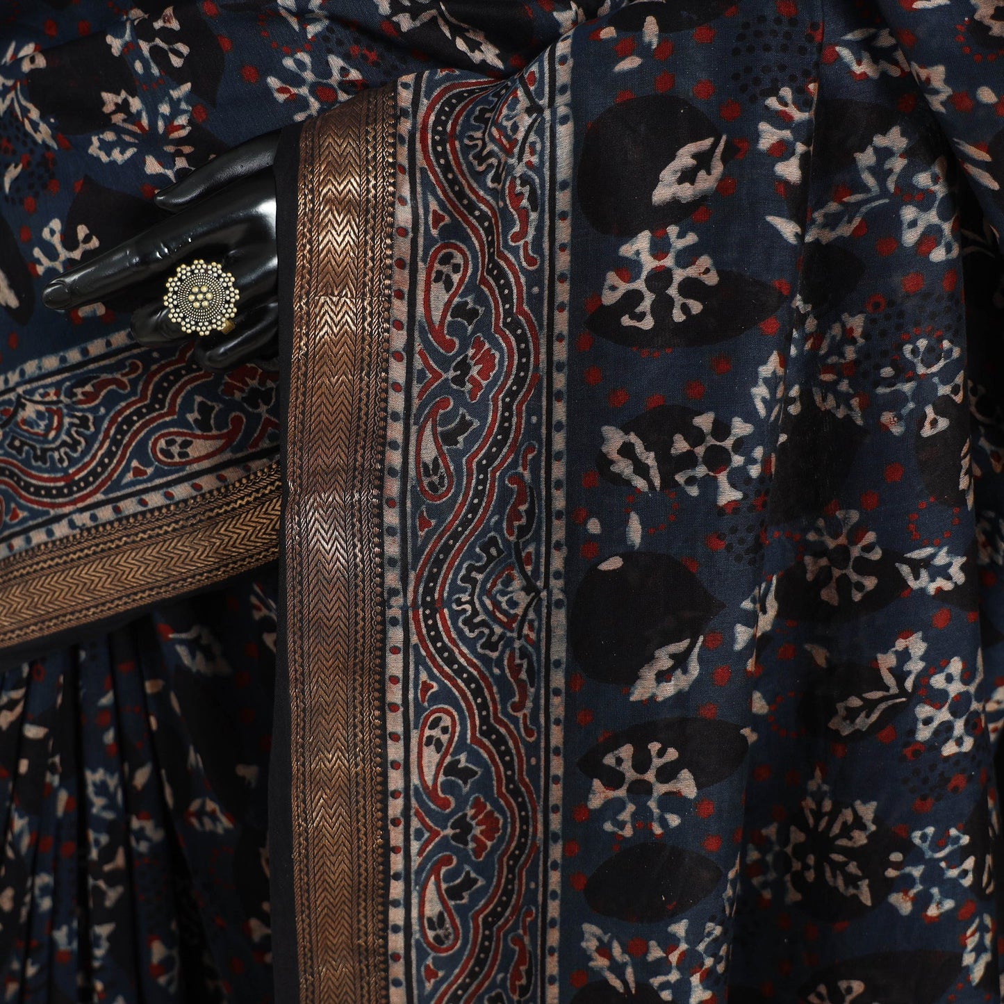 Chanderi Silk Natural Dyed Zari Border Ajrakh Print Saree