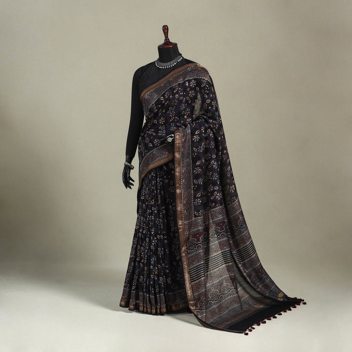 Chanderi Silk Natural Dyed Zari Border Ajrakh Print Saree